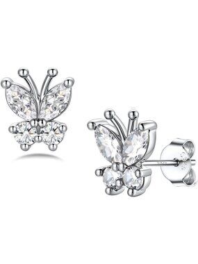 925 Sterling Silver Butterfly Stud Earrings with Birthstone - Elegant Women's